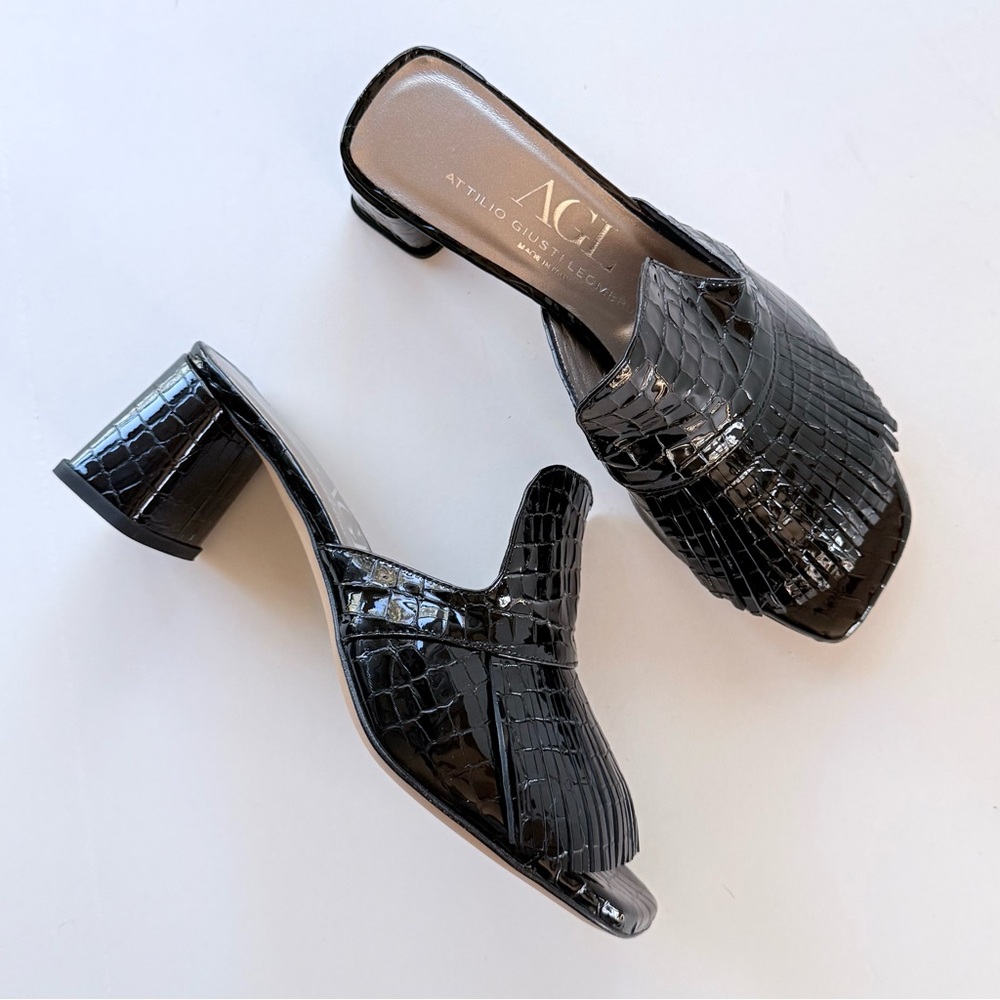 NWOB AGL Black Crocodile Embossed Patent Leather Fringe Slide Sandal Heels 36.5